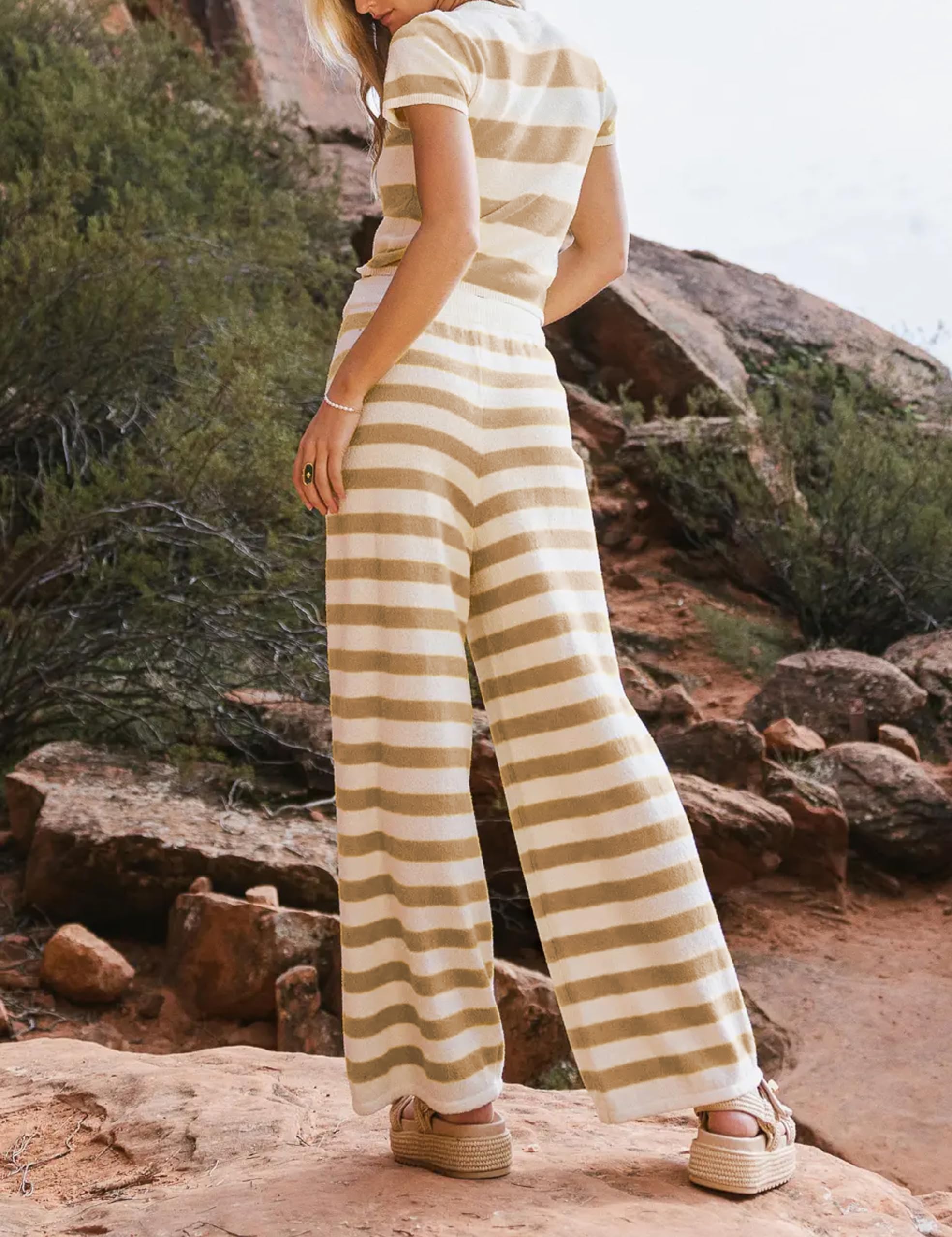 Women's Two-Piece Striped Knit Lounge Set - Short Sleeve Crop Top & Wide Leg Pants (Khaki, Medium) | Comfortable Casual Outfit for Home, Travel & Relaxation