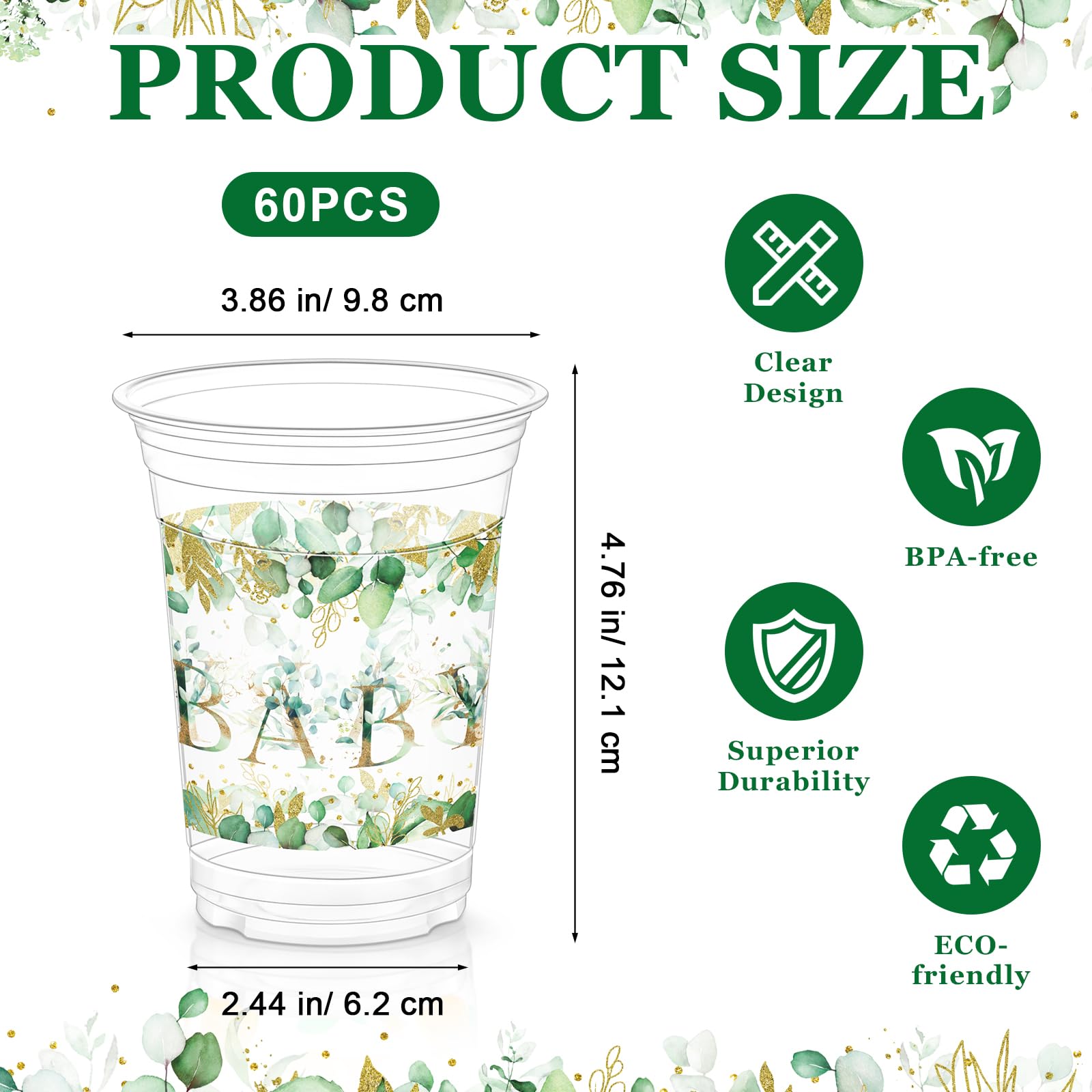 60 Pcs Eucalyptus Baby Shower Supplies - 16 oz Sage Green Plastic Cups Bulk for Baby Shower, Birthday Party, Gender Reveal - Disposable Cups for Party Favors & Decorations - Perfect for Rustic, Boho & Themed Celebrations
