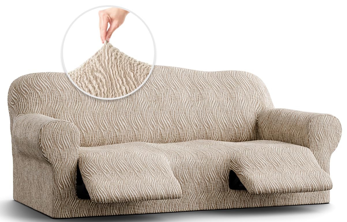 PAULATO BY GA.I.CO. Recliner Sofa Cover - Stretchable Jacquard 3D Slipcover - Soft Polyester Fabric Protector for Reclining Chairs - 1-Piece Form Fit Furniture Cover - Beige Vento - Perfect for Living Room, Home Theater & Office Lounges
