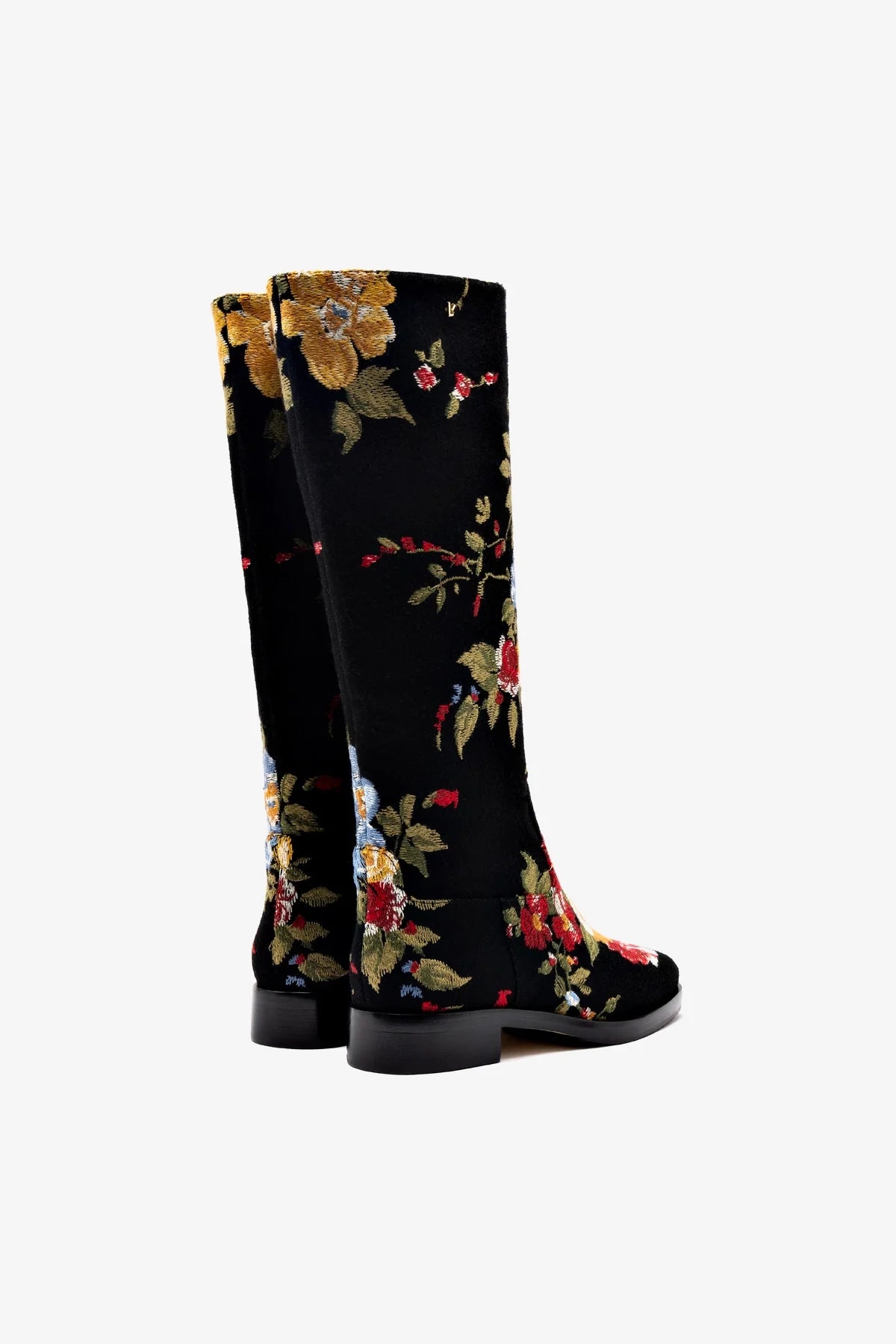 Larroudé x Markarian Black Wool Flat Boots with Floral Embroidery - Stylish Winter Ankle Boots for Women, Perfect for Casual Outings and Office Wear