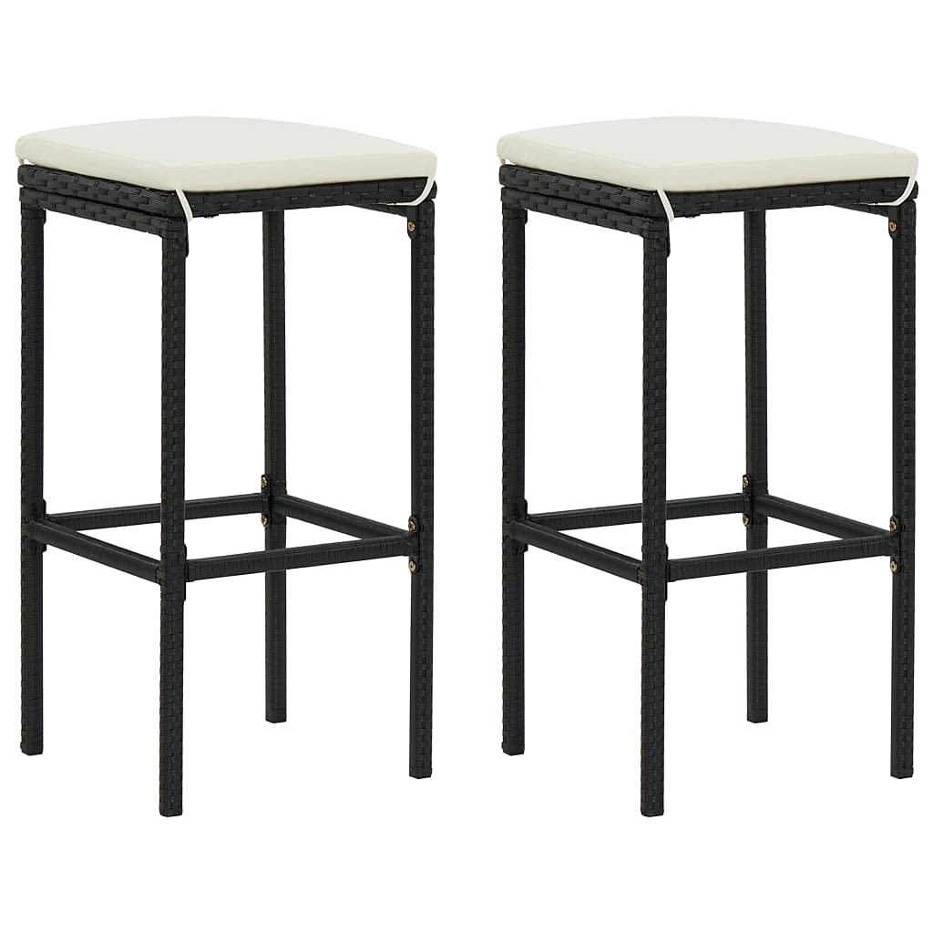 Modern Bar Stools Set of 2 - Black Poly Rattan Counter Height Chairs with Cushions for Kitchen, Dining, Indoor & Outdoor Use - Fast Shipping | Perfect for Breakfast Bars, Patios & Home Decor