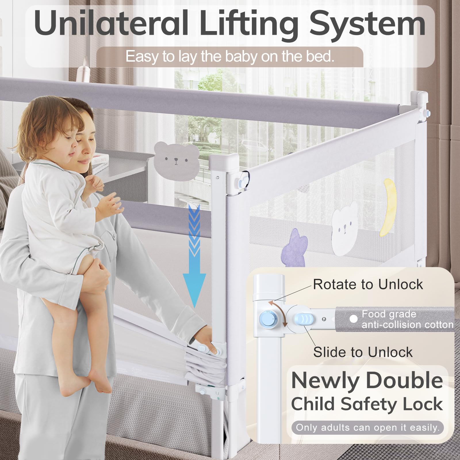 OMZER 3-Pack Toddler Bed Rails with Double Child Lock - Adjustable Height Safety Guardrail for Queen Size Beds (78.7x78.7x59