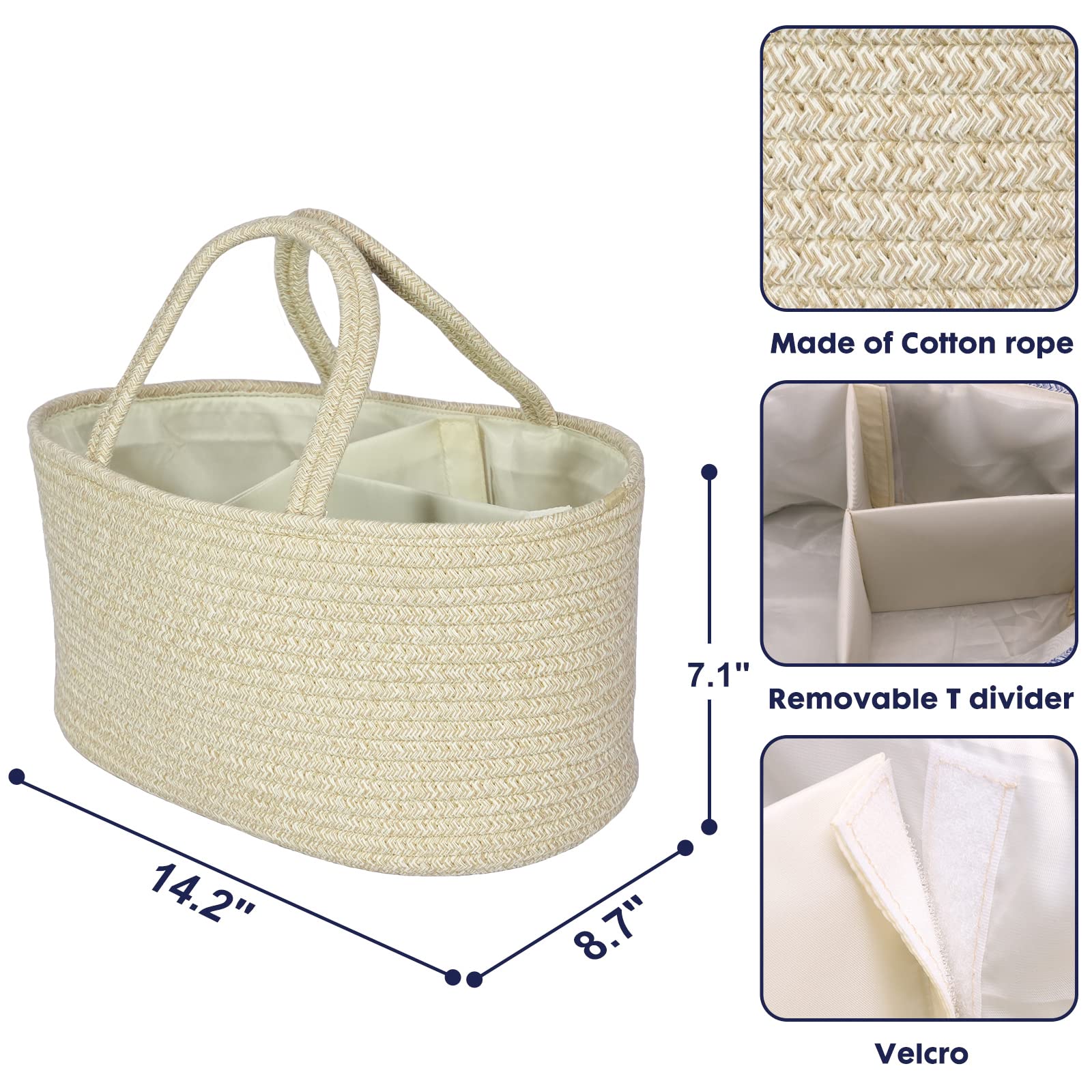 Baby Diaper Caddy Organizer - Cotton Rope Storage Bin Basket for Nursery, Changing Table & Travel - Portable Diaper Holder Tote for Boys & Girls - Perfect Baby Shower Gift & Newborn Registry Must-Have - Great for Home, Car & On-the-Go Parenting