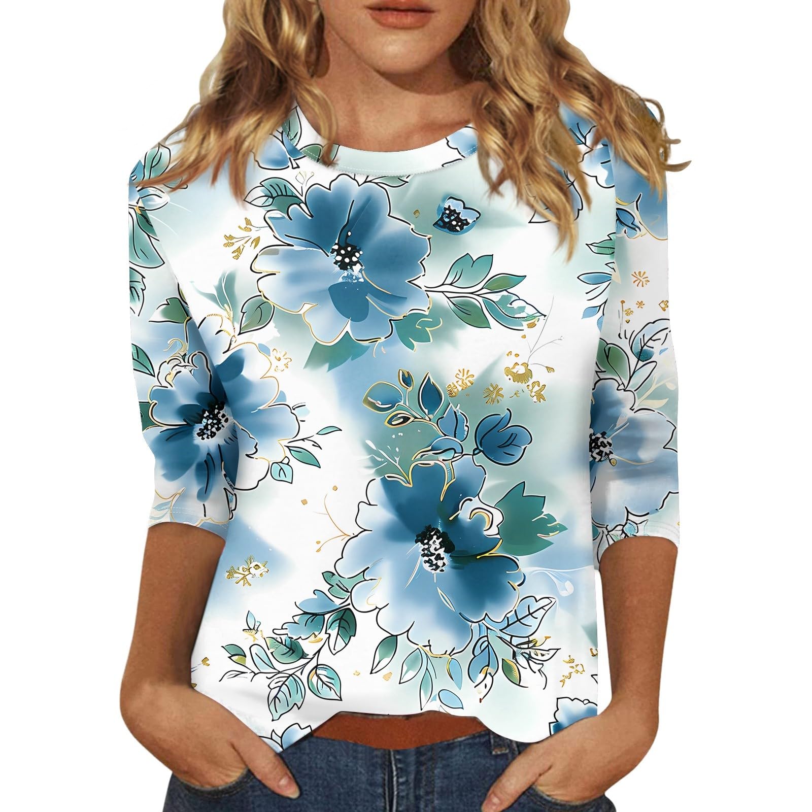 Women's 3/4 Sleeve Floral Print Blouse - Casual Plus Size Pullover Top for Spring & Summer | Perfect for Office, Date Night & Weekend Outings
