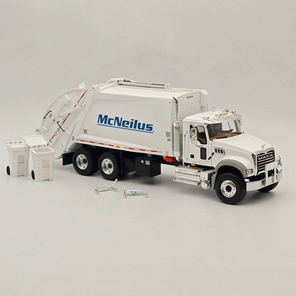 1/34 Scale Mack Granite with McNeilus Rear Load Refuse Body & Trash Carts - White Diecast Model Truck (First Gear 10-4295) - Perfect for Collectors, Display, and Construction-Themed Dioramas