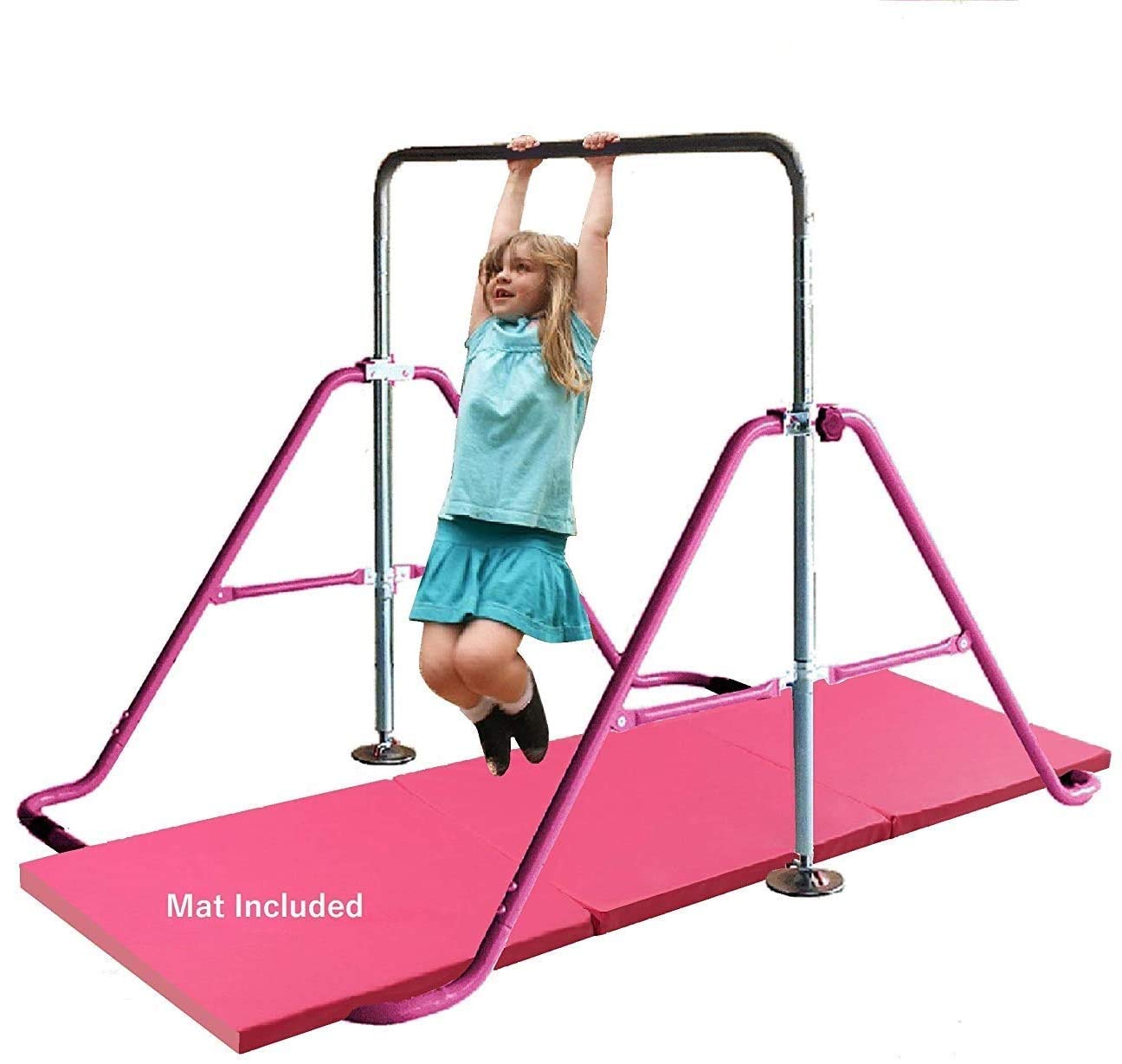 Adjustable Kids Gymnastics Training Bar with 6'x2' Tumble Mat - Home Gym Equipment for Junior Gymnasts | Foldable Horizontal Kip Bar & Monkey Bars for Indoor Playground | Perfect for Home Training, Backyard Play & Gymnastics Practice