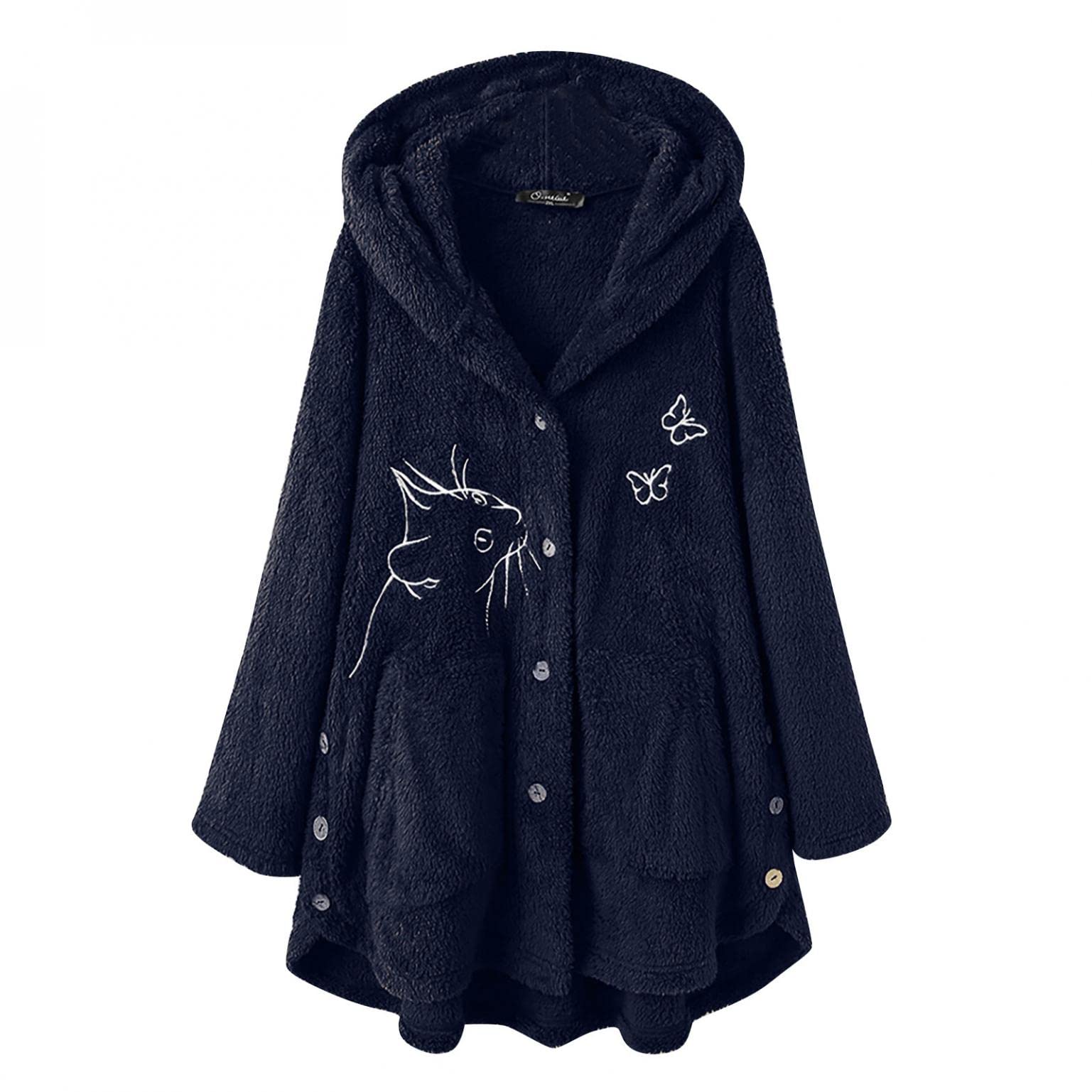 Women's Oversized Hooded Cardigan Sweater - Fleece Faux Fur Coat Pullover with Cat Print & Pockets | Cozy Winter Wear, Lounge Outfit, Casual Chic Fashion