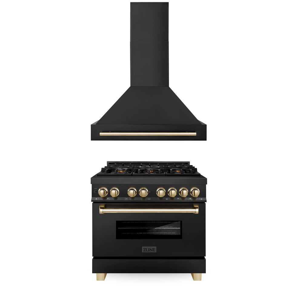 ZLINE Autograph Edition 36-Inch Professional Kitchen Package - Black Stainless Steel Dual Fuel Range with Range Hood & Polished Gold Accents (2AKP RABRH36 G) | Premium Gas Stove & Ventilation System for Home Chefs & Modern Kitchens