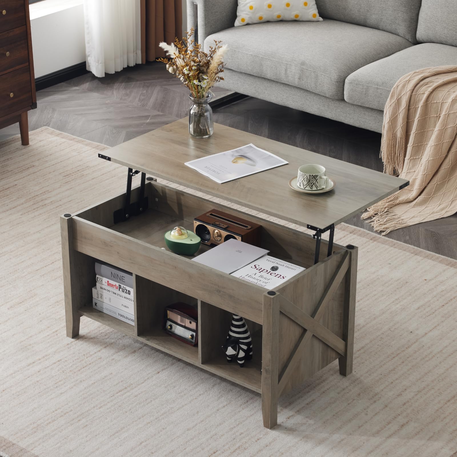 VINGLI Farmhouse Lift Top Coffee Table with Storage Shelf - Rustic Grey Lift-Up Coffee Table with Hidden Compartment, Modern Center Table for Living Room | Perfect for Small Spaces, Home Office & TV Lounge Decor