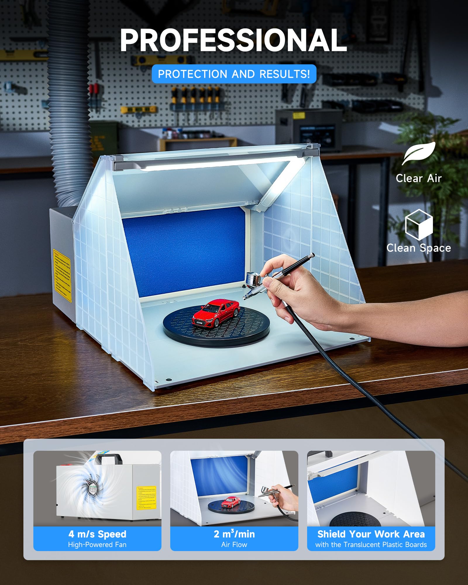 CO-Z Portable Airbrush Spray Booth with Exhaust Fan - Hobby Painting Station with 3 LED Lights, Turntable & Extension Hose - Perfect for Model Cars, Crafts & DIY Art Projects