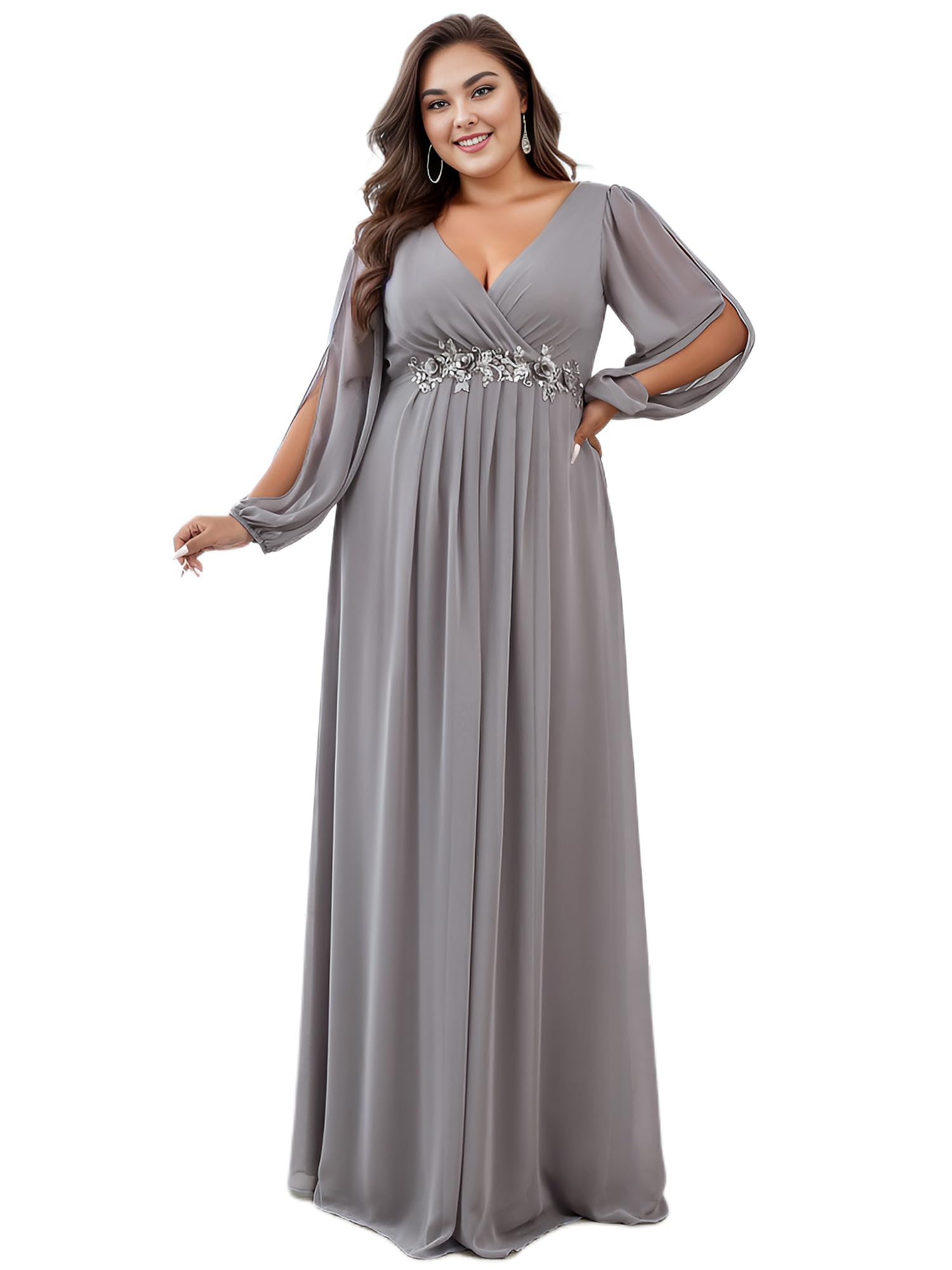Ever-Pretty Plus Size Women's Formal Dress - V-Neck Floor Length Floral Applique Lantern Sleeve Evening Gown for Curvy Women | Wedding Guest, Prom, Cocktail Party, Special Occasion