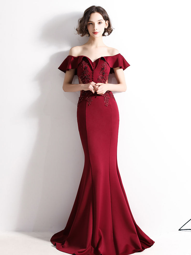 Elegant Burgundy Off Shoulder Satin Lace Long Prom Dress for Women - Formal Evening Gown for Homecoming, Wedding, and Special Occasions