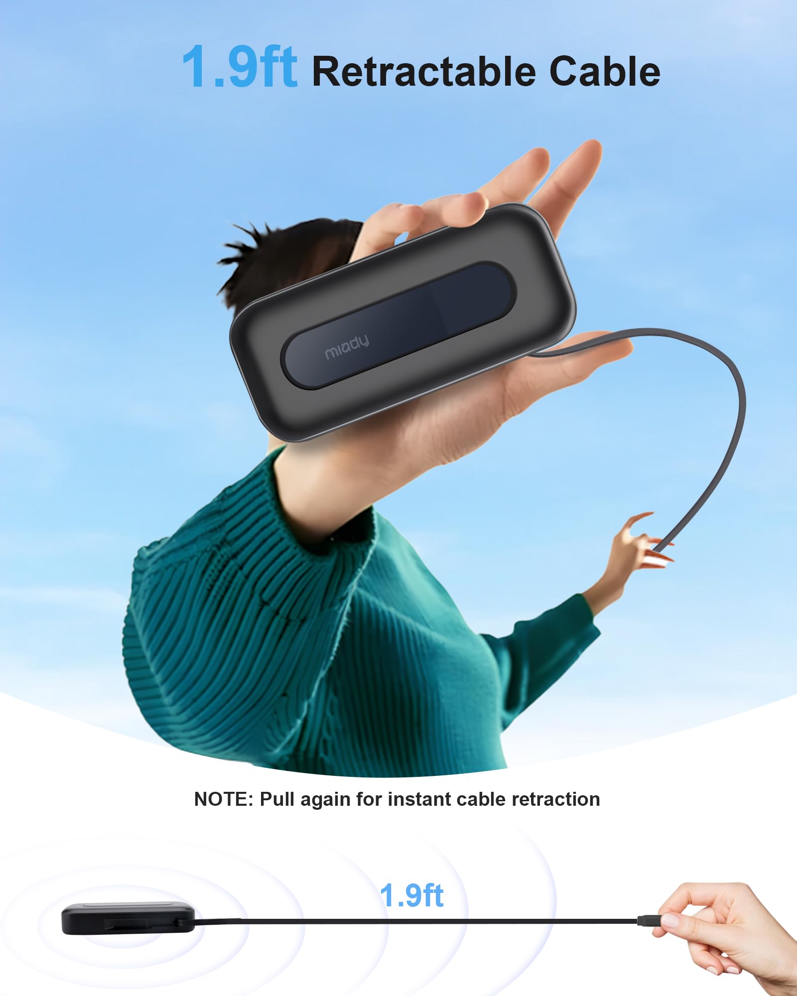Miady 10000mAh PD 30W Fast Charging Power Bank with Built-in 1.9ft Retractable Cable & LED Display - Portable Battery Pack for iPhone 16/15/Pro, Galaxy S24/22, Android Phones - Perfect for Travel, Camping, and Emergency Charging