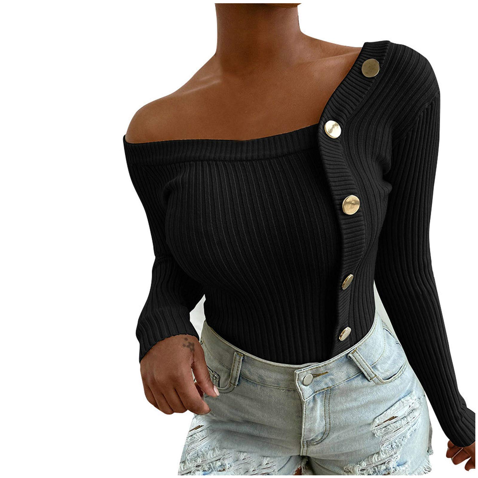 Stylish Women's One Shoulder Button Detail Long Sleeve Sweater Pullover - Perfect for Fall Fashion, Office Wear & Casual Outings