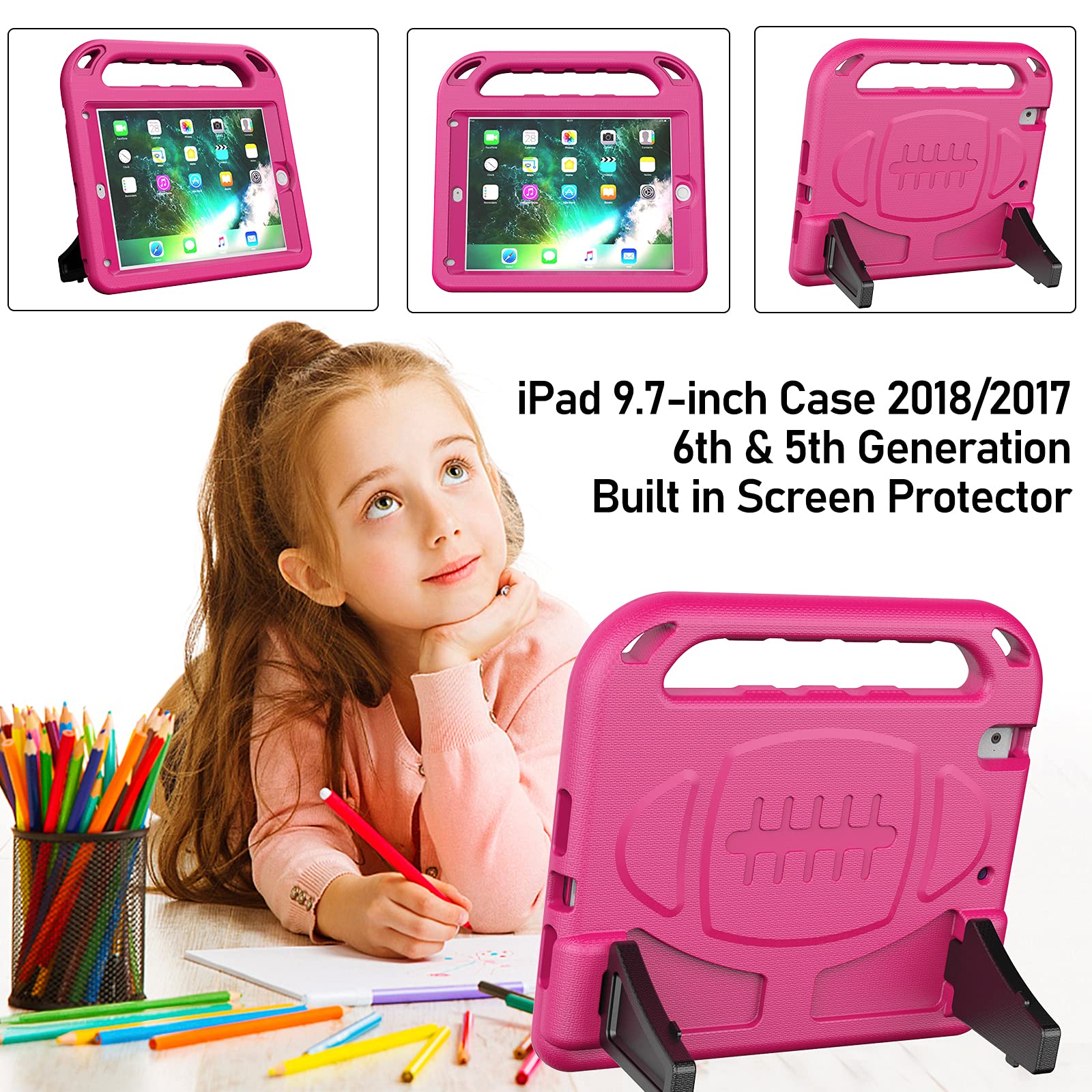 LTROP Shockproof Kids iPad Case for iPad 6th/5th Generation & iPad Air 2 (9.7 Inch 2018/2017) with Built-in Screen Protector & Handle Stand - Rose | Durable Protective Cover for School, Travel, and Home Learning