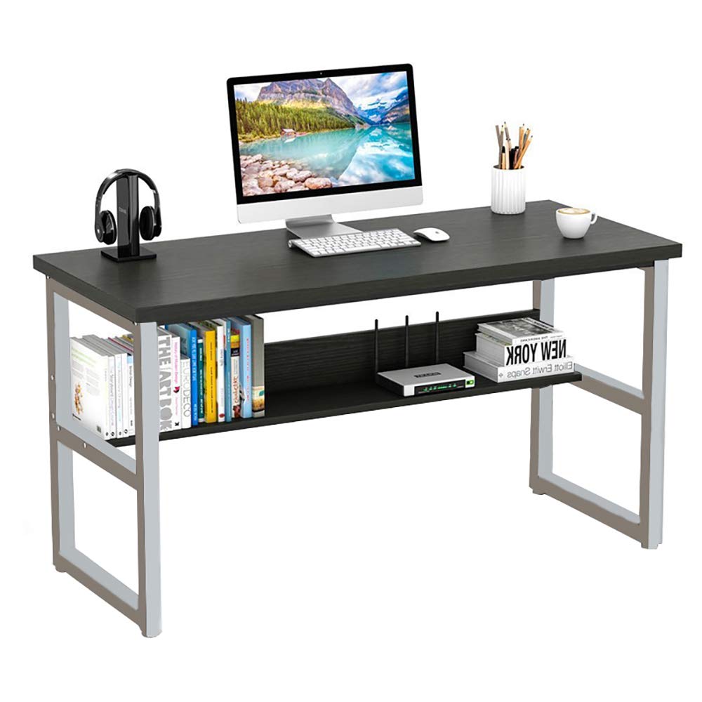 43 Inch Wooden Computer Desk with Bookshelf & Storage Shelves - Modern Office Writing Desk, Laptop Study Table Workstation with Metal Frame - Home Office Furniture for Small Spaces (Black) | Perfect for Remote Work, Gaming & Study Rooms