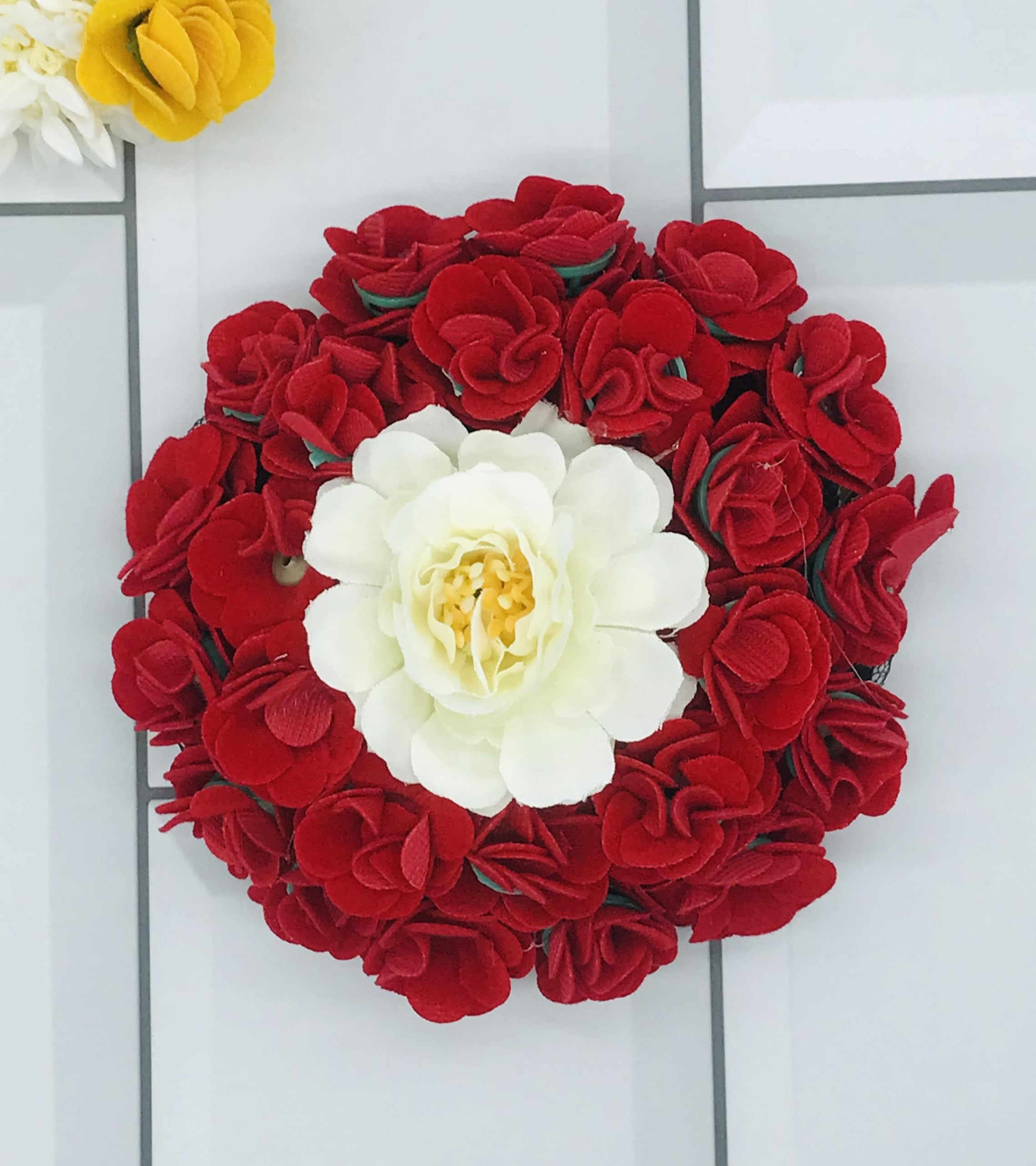 Gadinfashion™ Artificial Flower Bridal Hair Gajra - Red & White Hair Bun Flower Accessories for Women & Girls | Fake Floral Hair Jewelry for Weddings, Parties & Special Occasions