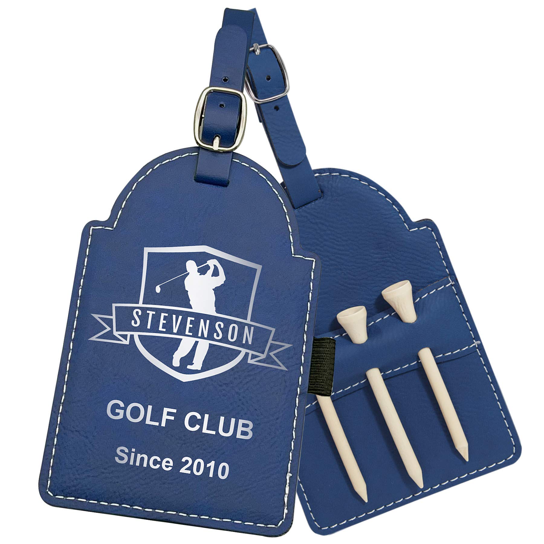 Custom Personalized Golf Bag Tag with Tees - Engraved Leather Golf Luggage Accessories - Unique Golf Gift for Dad, Husband, Men - Perfect for Golf Tournaments, Father's Day & Retirement Gifts (Blue)