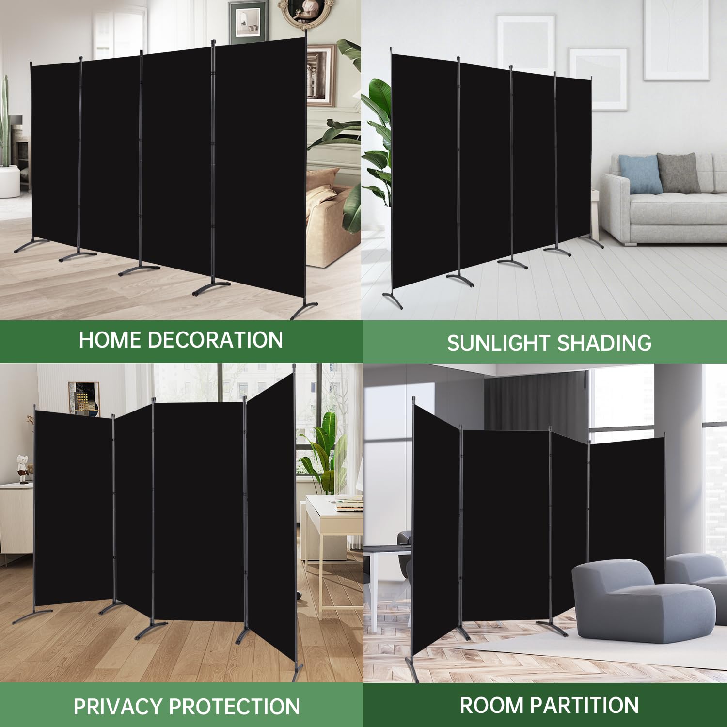 4-Panel Folding Room Divider Privacy Screen - Portable Freestanding Fabric Partition for Home, Office & Events - Black | Space Separation & Room Decor Solution