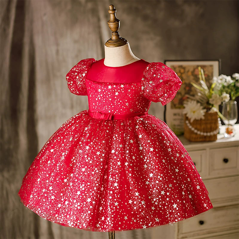Burgundy Princess Round Tea Length Organza Flower Girl Dress for Weddings & Special Occasions