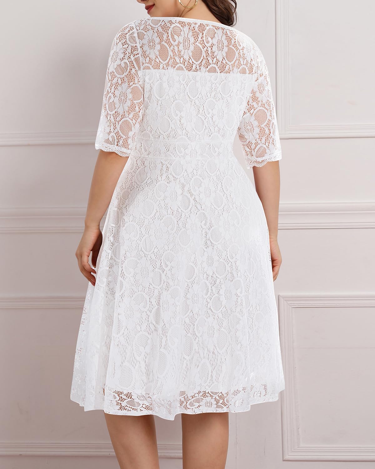 Plus Size Lace V-Neck Midi Dress for Women - Elegant Wedding Guest & Bridal Shower Cocktail Party Attire - Perfect for Semi-Formal Occasions, Date Nights & Special Events