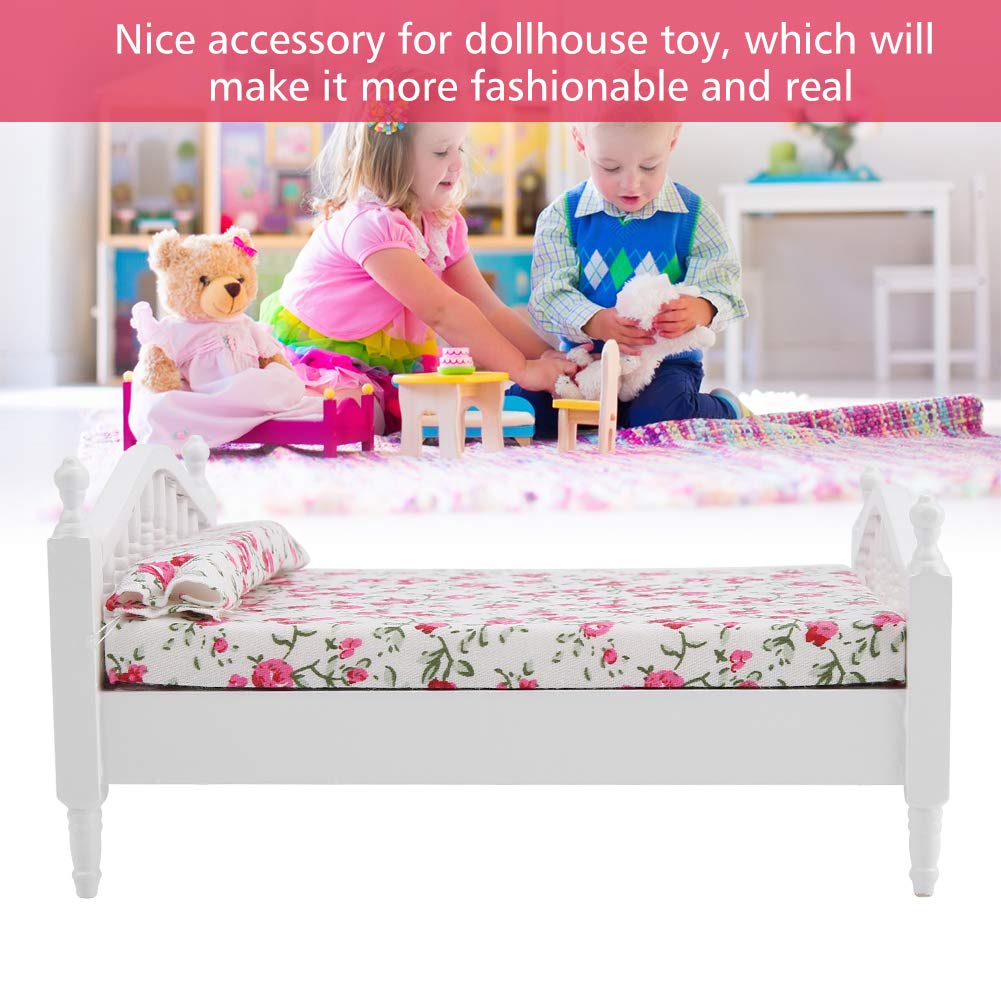 Keenso 1:12 Scale Dollhouse Miniature Bed - Wooden Double Bed for Dollhouse Furniture Accessories, Perfect for Barbie Dolls, American Girl Dolls & DIY Miniature Room Decor