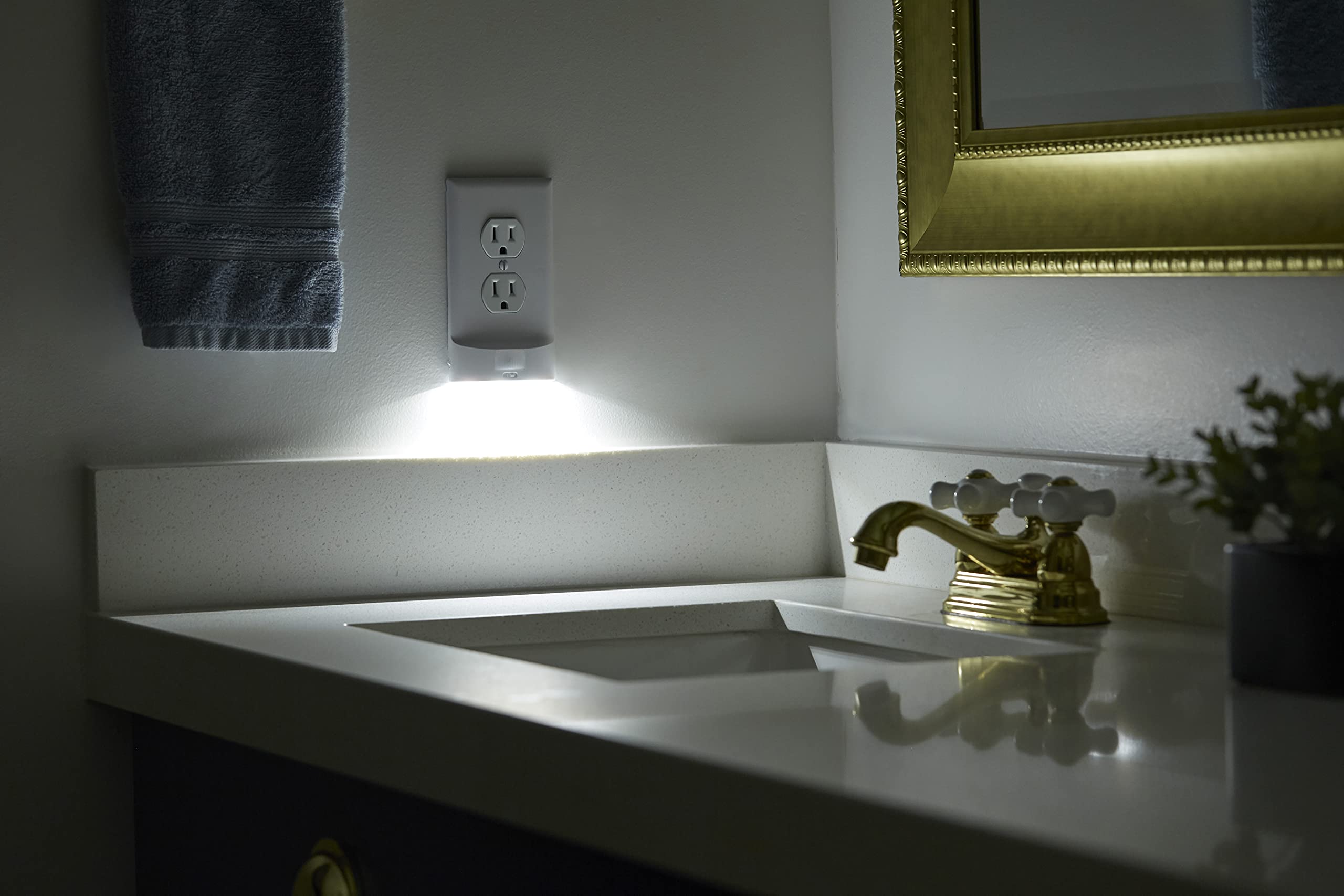 SnapPower 4 Pack Motion Sensor LED Night Light for Duplex Outlets - Auto On/Off Wall Plate Light with Bright/Dim/Off Options - Ideal for Hallways, Bedrooms & Bathrooms (Black)
