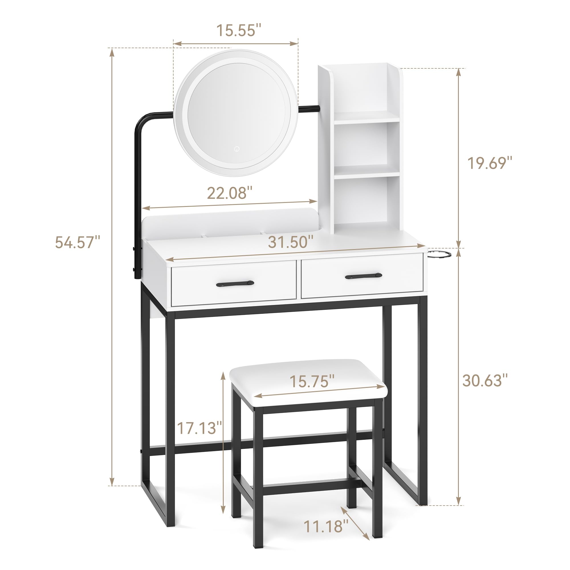 Dowinx White Vanity Desk with LED Lighted Mirror & Power Outlet - Adjustable 3 Lighting Modes, Small Makeup Dressing Table with Stool for Bedroom - Perfect for Girls' Room, Home Salon & Beauty Routine