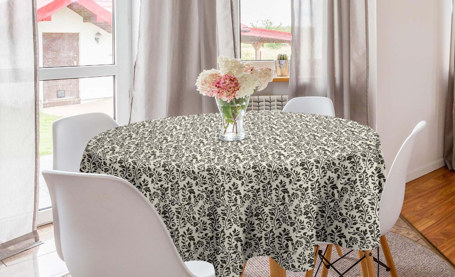 Ambesonne Vintage Monochrome Abstract Leaves & Flowers Round Tablecloth - 60 Inch Cream Dark Taupe, Elegant Dining Room & Kitchen Decor for Parties, Holidays & Everyday Use