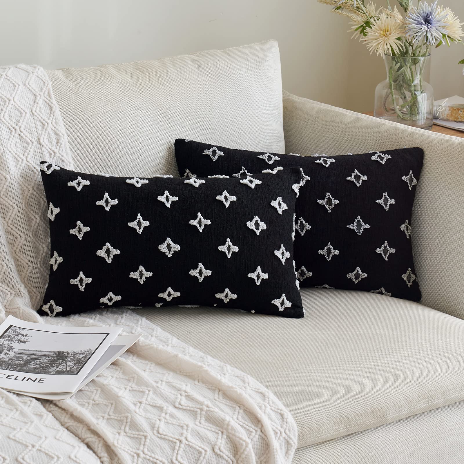 ANRODUO Boho Decorative Throw Pillow Covers - Pack of 2, 12x20 Inches, Tufted Rhombic Jacquard Design, Soft Couch Pillow Cases for Sofa, Bed & Living Room Decor - Black | Perfect for Bohemian Home Styling and Cozy Interior Design