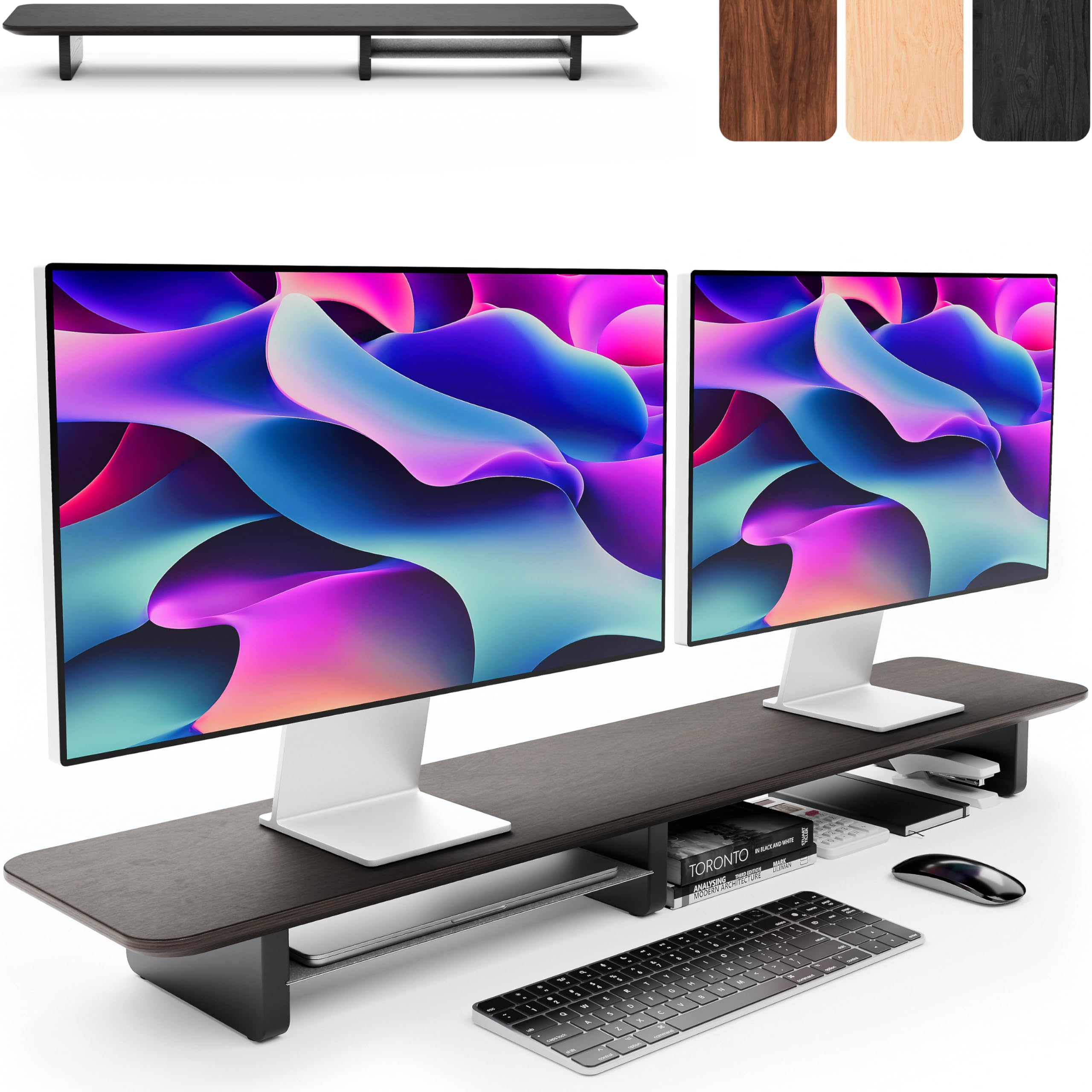 Dual Monitor Stand with Integrated Metal Shelf - Handmade Wooden Desk Riser for 2 Screens - Wide 44 Inch Long Monitor Stand for Office & Gaming Setup (Black, 44x10x3 Inches) - Perfect for Ergonomic Workspace & Multi-Tasking Professionals
