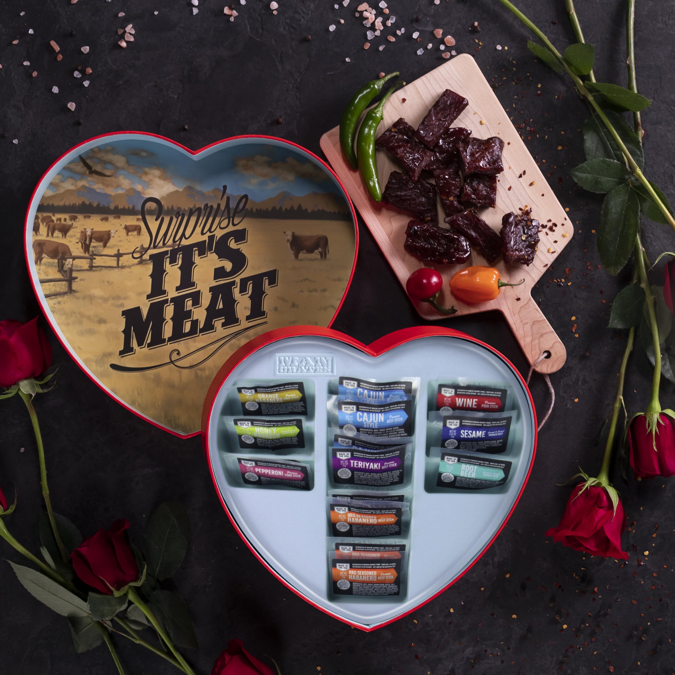 Premium Beef Jerky Gift Set - 14 Flavorful Snacks Including Habanero & Honey Bourbon in Heart-Shaped Box | Perfect for Valentine's Day Gifts, Anniversary Presents & Meat Lover Treats