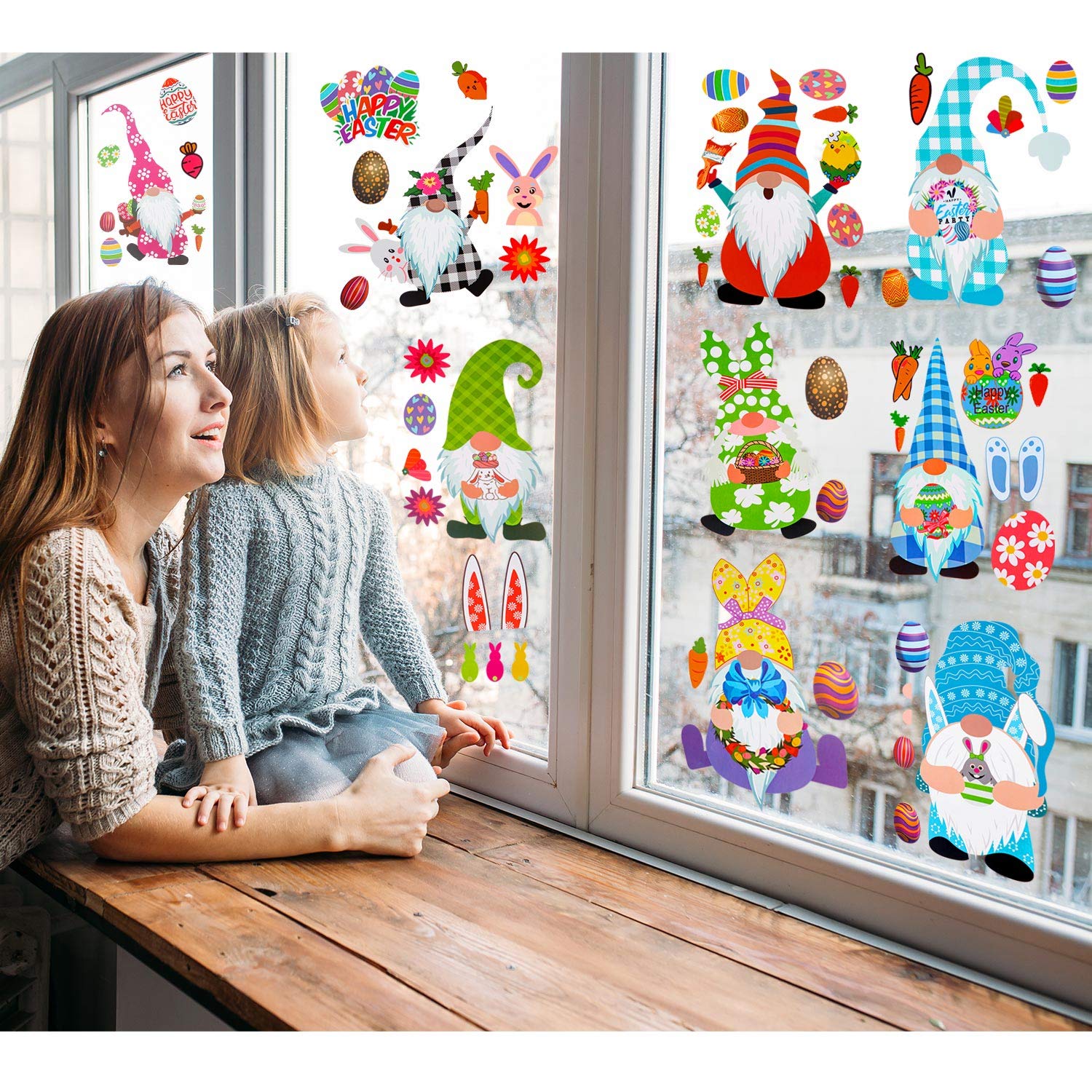 9 Sheets Easter Window Cling Stickers - Double Sided Gnome & Bunny Egg Decals for Glass Windows - Holiday Decorations for Kids, School, Home & Party Supplies - Perfect for Easter Celebrations, Classroom Activities & Festive Home Decor