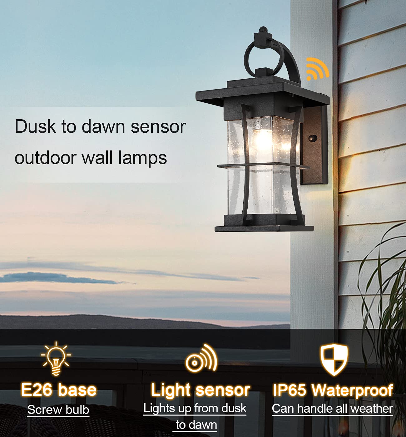 Dusk to Dawn Outdoor Wall Lantern - Waterproof Exterior Light Fixture with Photocell Sensor - Black Seeded Glass Wall Mount Porch Light for House, Patio, Garage - Perfect for Entryways, Pathways & Outdoor Security Lighting