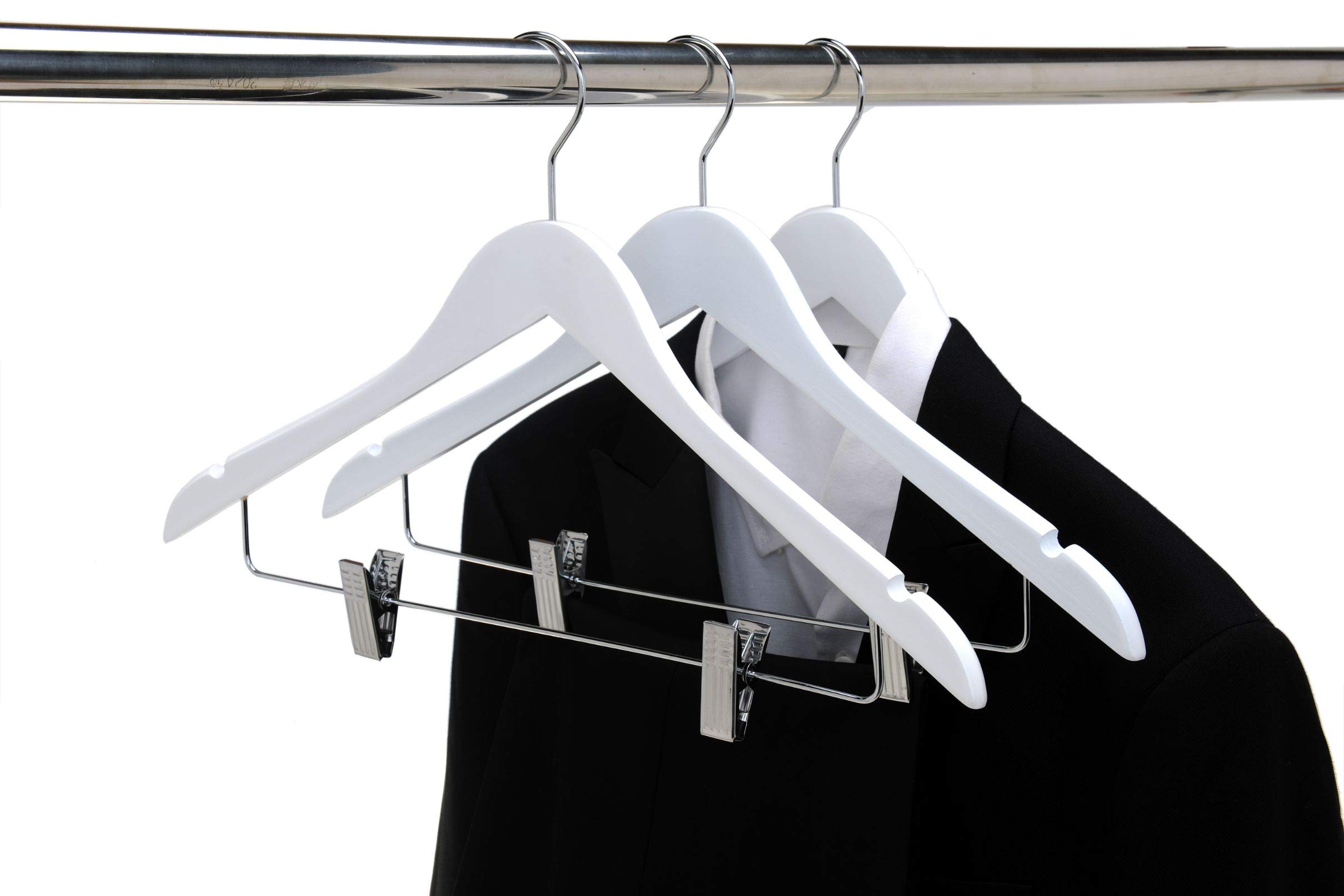 Premium 80-Pack White Wooden Skirt & Pants Hangers with Adjustable Chrome Metal Clips - Swivel Hook for Coats, Jackets, Blouses & Suits - Space-Saving Closet Organization for Home & Retail Use