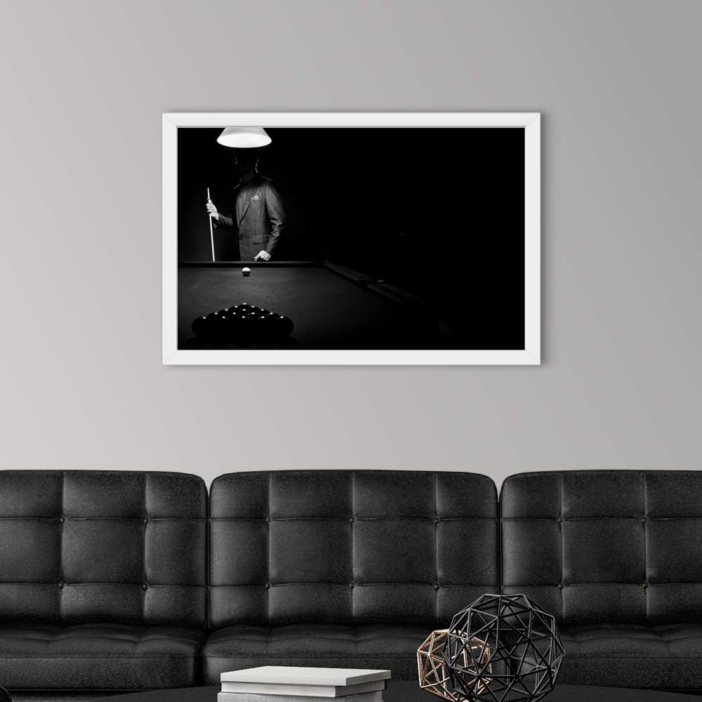 Billiards Art Print - White Framed Pool Player Silhouette Behind Rack | Wall Decor for Game Rooms, Bars & Man Caves | Perfect Gift for Pool Lovers