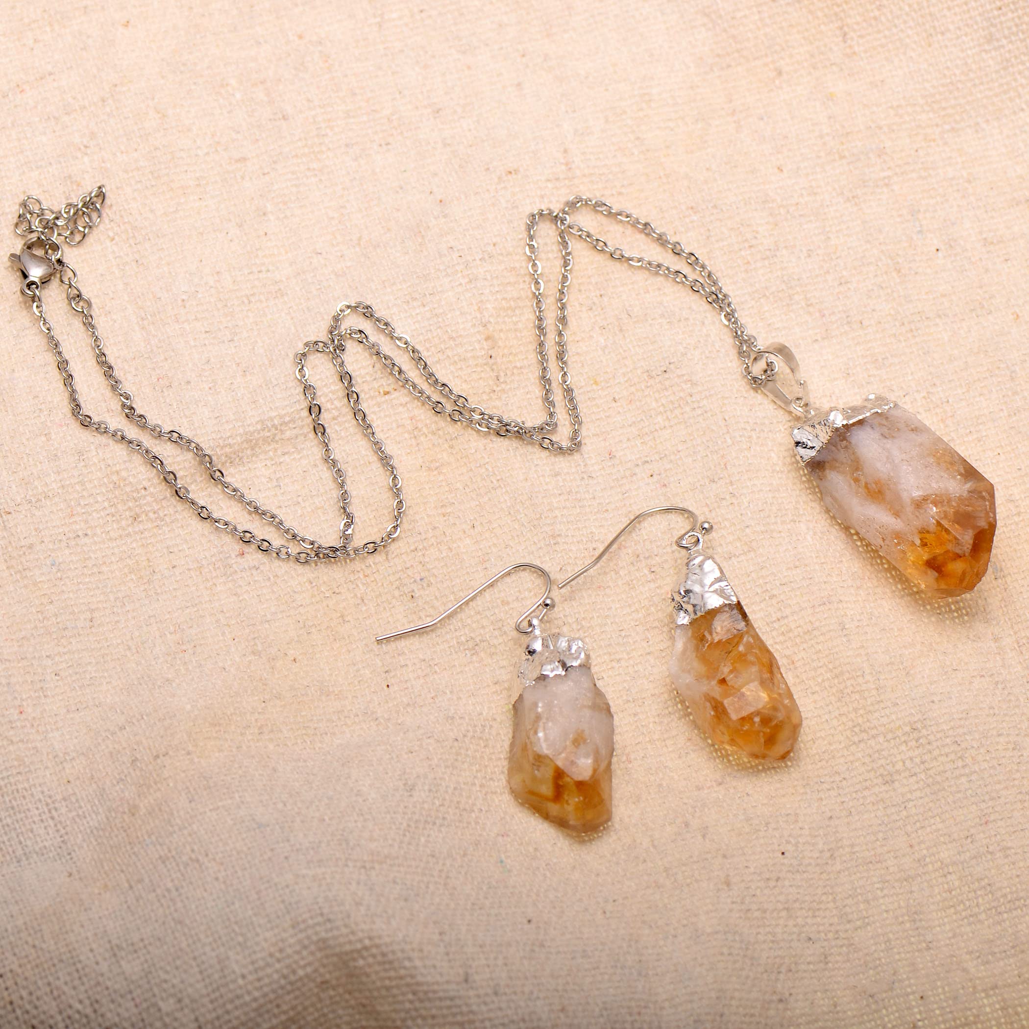 Natural Citrine Crystal Point Rough Stone Earrings & Necklace Set for Women - White Gold Tone Jewelry for Healing, Meditation & Spiritual Gifts