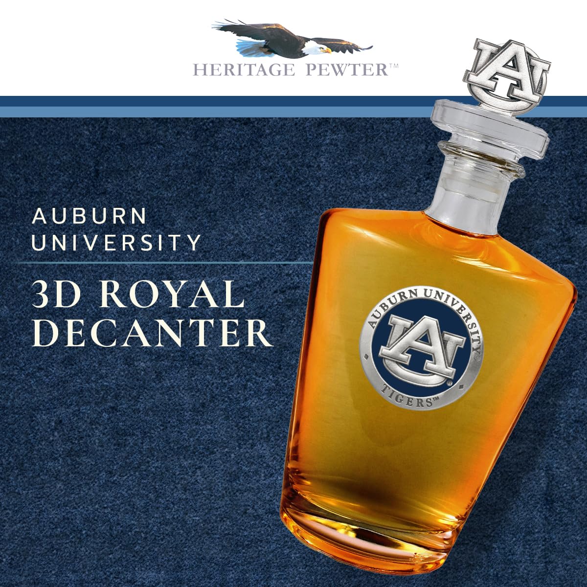 Auburn Royal Decanter with 3D Stopper | 30oz Whiskey Decanter Set | Handcrafted Pewter Glass Wine Pourer for Bourbon, Scotch & Liquor | Elegant Home Bar & Gift Idea