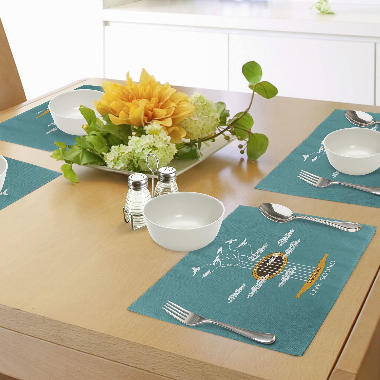 Ambesonne 4-Piece Guitar Placemats Set - Abstract Music Theme with Birds on Strings & Clouds Design | Washable Fabric Table Mats for Dining Room & Kitchen Decor in Turquoise, Marigold & White | Perfect for Music Lovers' Dinner Parties & Themed Home Decor