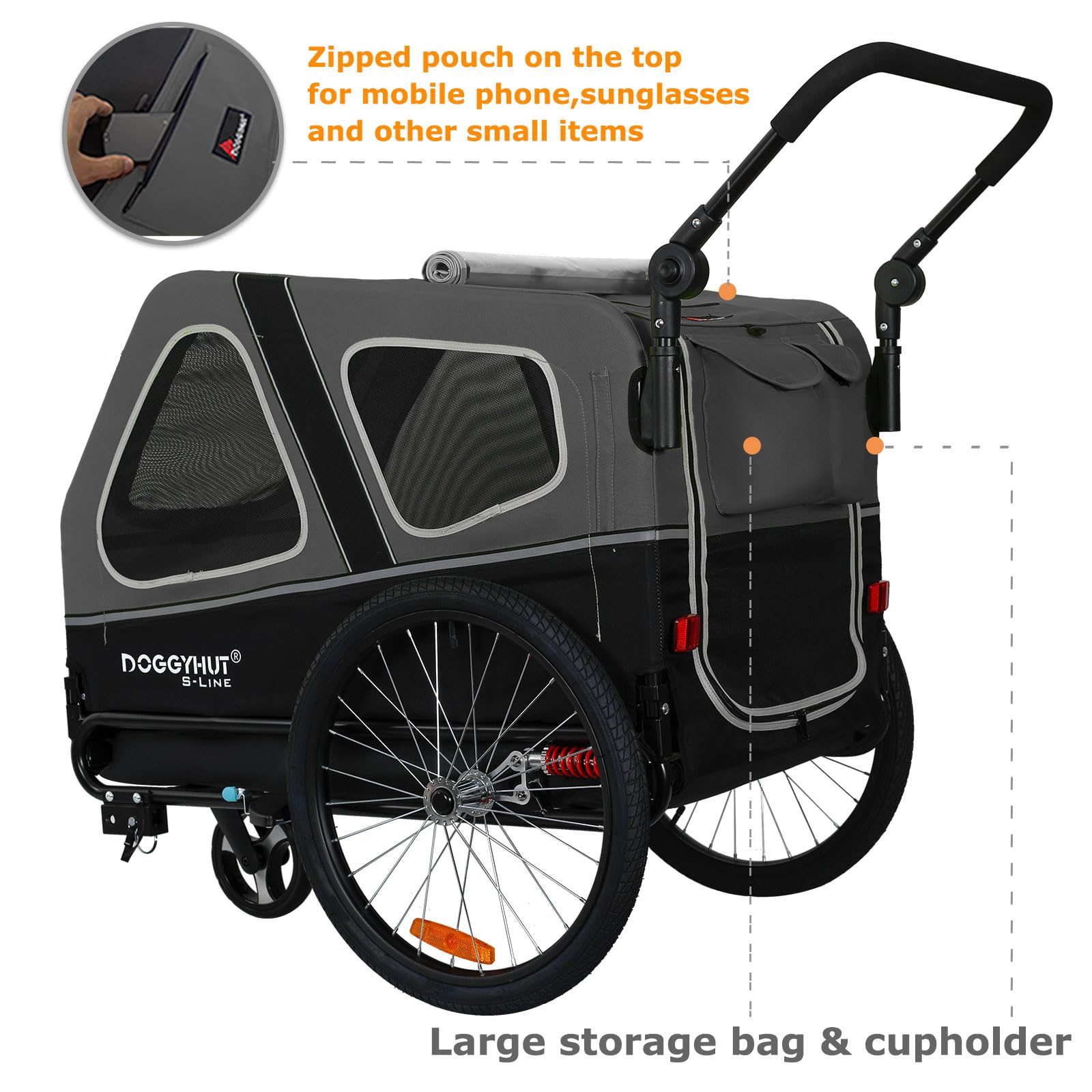 DOGGYHUT® S-Line XL Pet Bike Trailer & Stroller for Large Dogs Up to 100 lbs - Foldable Dog Carrier with Suspension Wheels, Low Center Gravity & Parking Brakes | Perfect for Cycling, Jogging & Outdoor Adventures with Your Dog