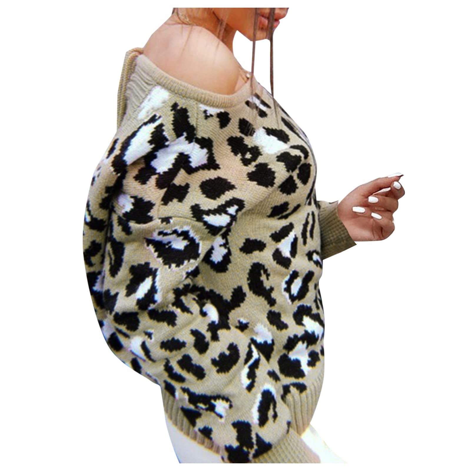 Leopard Print Sweatshirt for Women - Off Shoulder Long Sleeve Crewneck Pullover Blouse | Soft Jacquard Fabric | Casual Outfit for Streetwear, Date Night & Fall Fashion