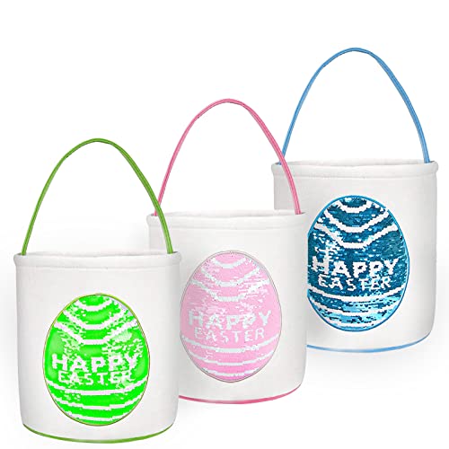 **Personalized Easter Baskets for Kids - 3 Pack Canvas Cotton Easter Egg Hunt Baskets with Candy Buckets - Perfect Easter Gift for Boys & Girls - Ideal for Egg Hunts, Parties & Holiday Celebrations**