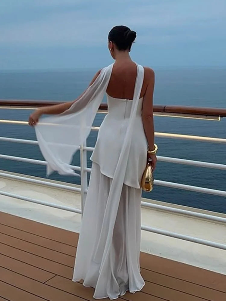 Elegant White Gauze Off-Shoulder Long Dress for Women - Sleeveless Backless A-Line Vestidos 2025 New Fashion Beach Cover Up - Perfect for Summer Vacations, Beach Parties, and Boho Photoshoots