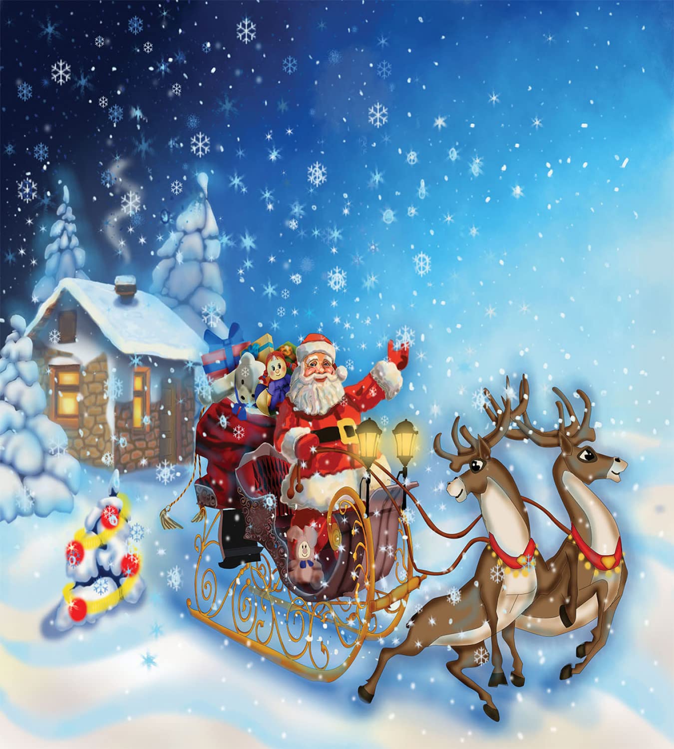 Ambesonne Christmas Duvet Cover Set - Santa Sleigh with Reindeer & Snowy North Pole Fantasy Design, 2-Piece Queen Size Bedding Set with 4 Pillowcases, Navy Blue - Perfect for Holiday Decor & Cozy Winter Bedrooms