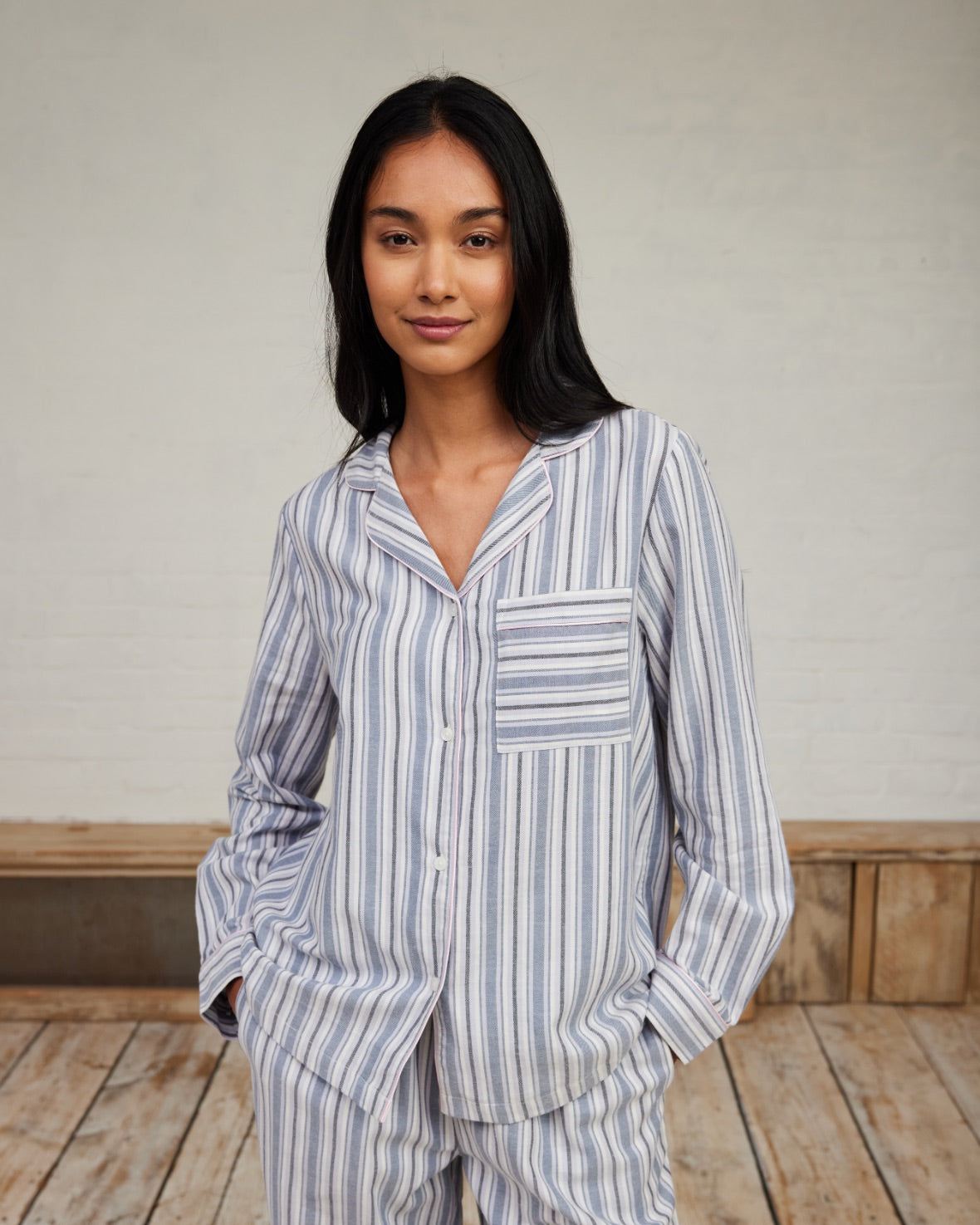 Organic Cotton Brushed Stripe Long Sleeve Pajama Set for Women - Soft & Comfortable Blue & White Sleepwear - Perfect for Lounge, Sleep & Relaxation at Home