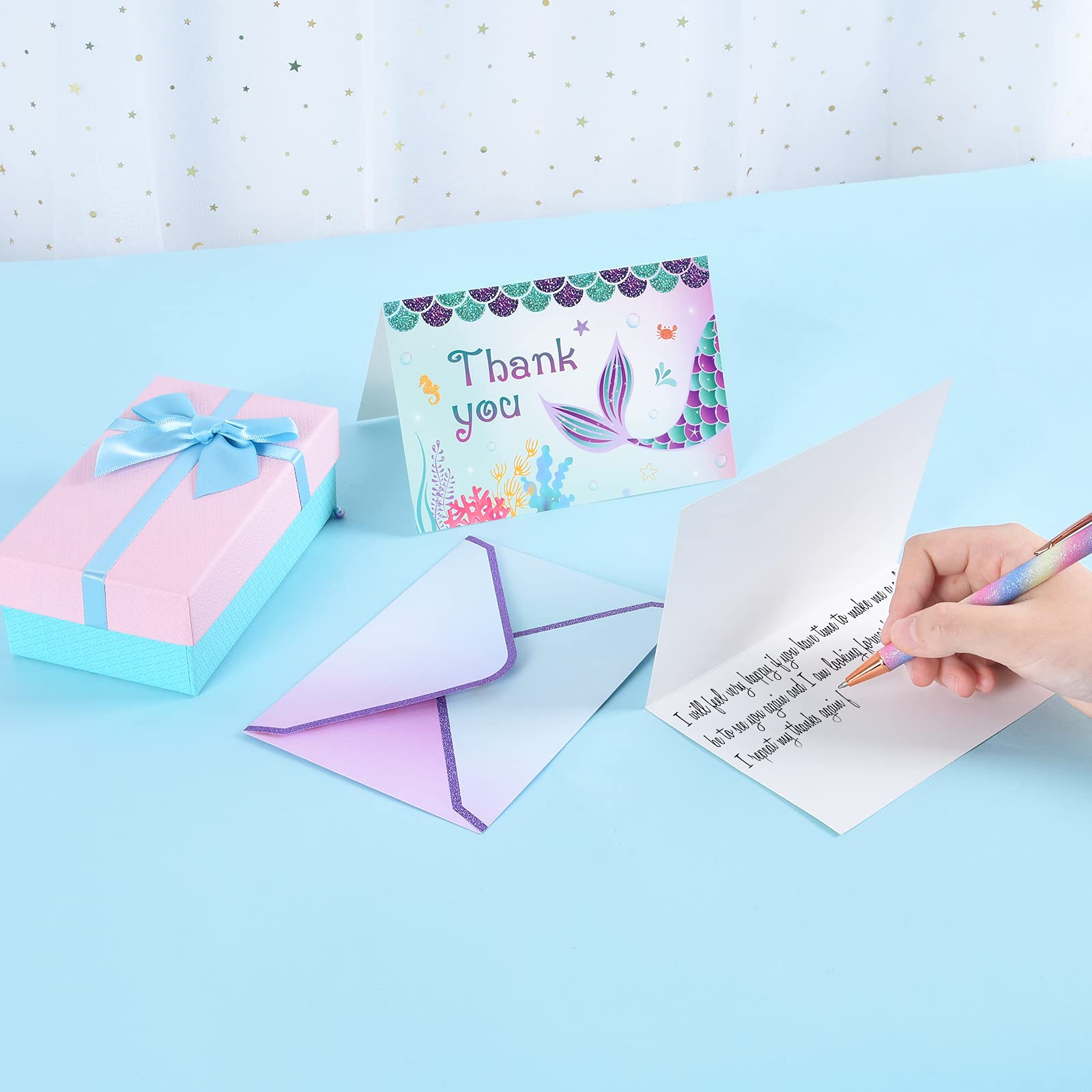 WERNNSAI Mermaid Thank You Cards - 24 Sets with Envelopes for Birthday Gifts & Party Favors