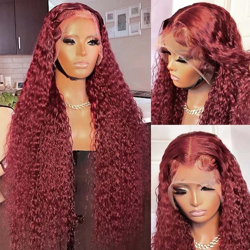 **28inch Pre-Colored Human Hair Curly Wig - Burgundy/Brown/Highlight 13x4 Lace Frontal Wig | Natural Look & Heat Resistant | Perfect for Cosplay, Parties & Daily Wear**
