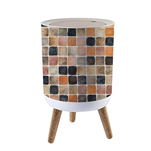 IBPNKFAZ89 Small Ceramic Trash Can with Lid - Colorful Glass Tile Design, Wooden Waste Bin with Press Cover, 7L/1.8 Gallon Round Garbage Bin for Bathroom, Bedroom & Kitchen - Perfect for Home, Office & Dorm Decor