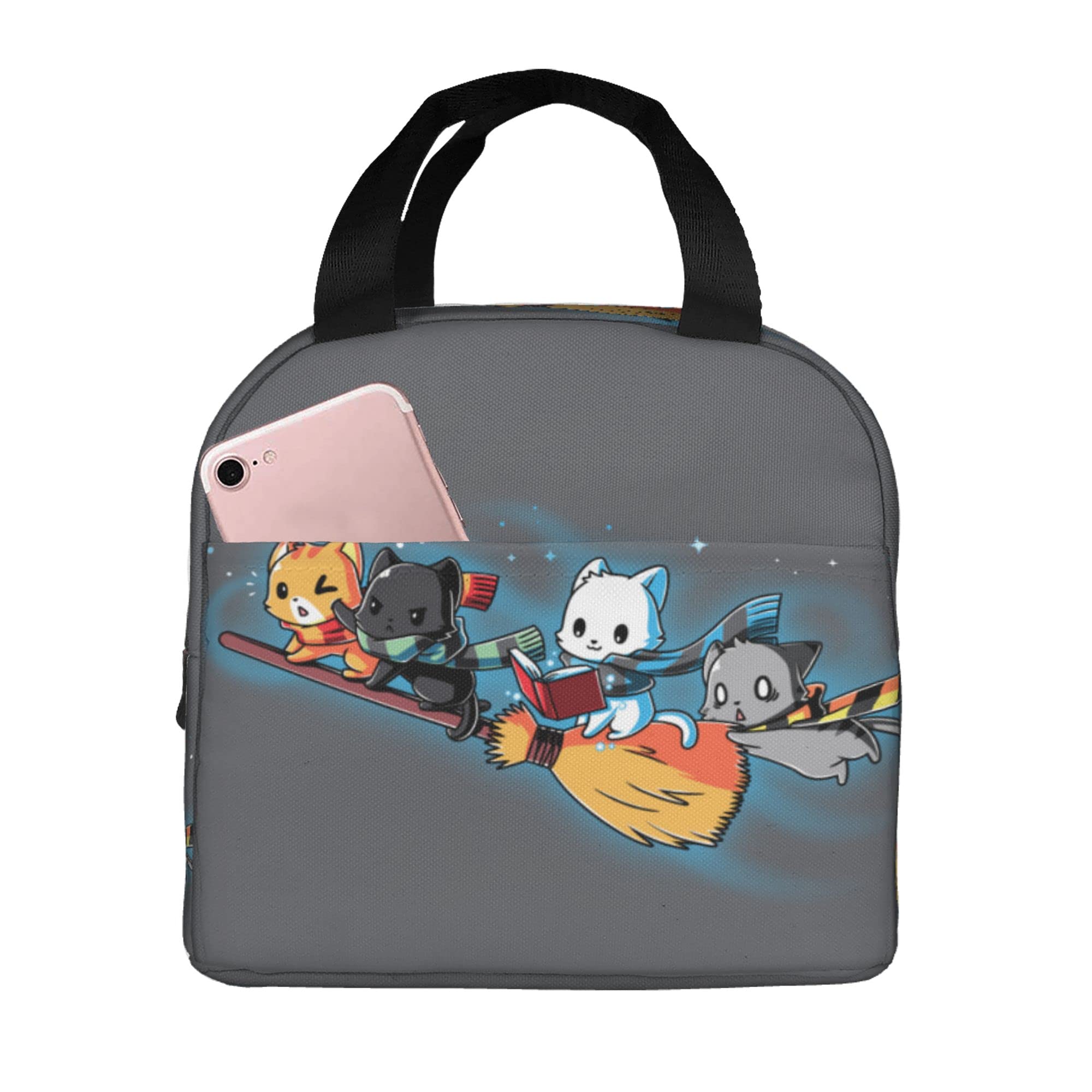 Insulated Lunch Bag for Women & Men - Reusable Thermal Cooler Tote with Pocket for Work, School, Hiking & Picnic | Cute Cat Flying on Broom Design