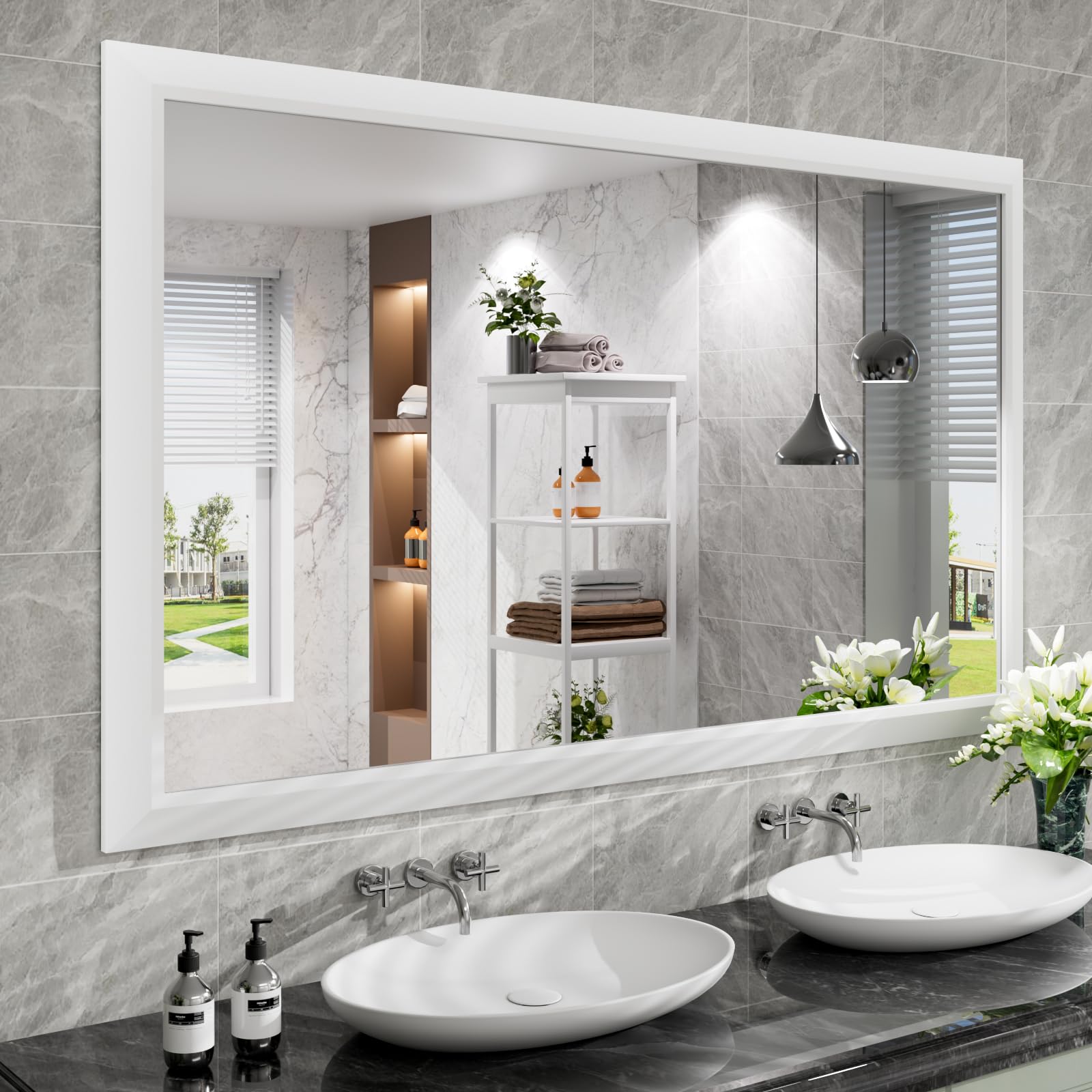 Amorho 60x36 Inch White Thick Metal Framed Bathroom Wall Mirror - Large Rectangle Over 2 Sinks Vanity Mirror for Bedroom, Living Room & Entryway - Perfect for Makeup, Grooming & Home Decor